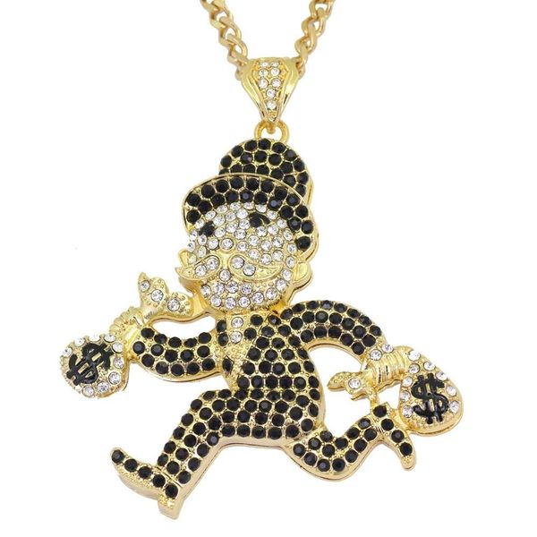 

hip hop cartoon running man in suit pendant necklaces for men alloy black diamonds necklace stainless steel cuban chain jewelry 2 colors, Silver
