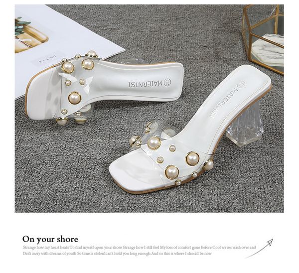 

pvc summer clear transparent slippers women shoes woman mules slides peep toe high heels 8cm slippers female pearl ladies shoes, Black
