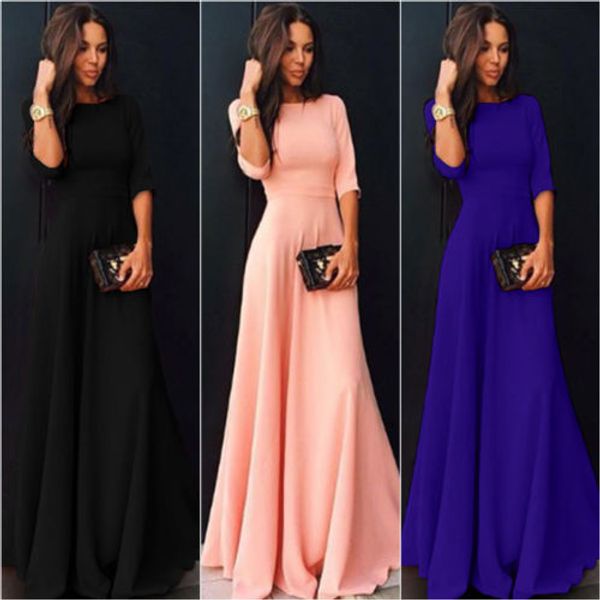 

women long maxi dresses bohemia o-neck three quarter sleeve solid print ethnic summer beach female stylish style dress, Black;gray