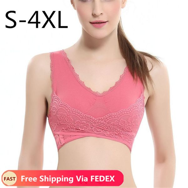 

s-4xl women underwear lingerie lace solid color front cross side buckle wireless push up breathable sleep sports bra
