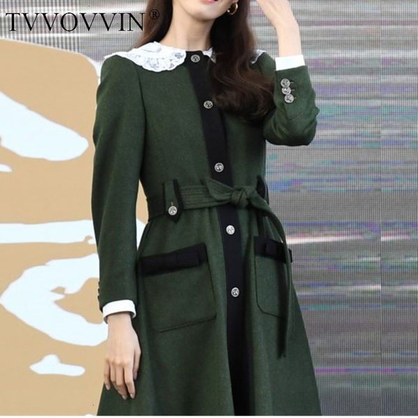 

tvvovvin 2019 autumn army green long fund slimming woolen overcoat self-cultivation lace collar loose coat woman zx138, Black