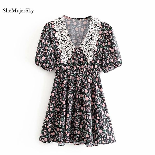 

shemujersky sweet women black dress embroidery peter pan collar mini dress 2020 summer short sleeve floral print dresses, Black;gray