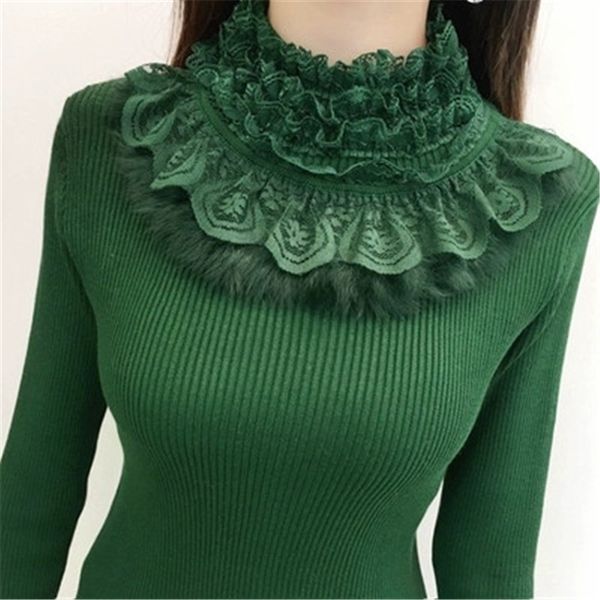 

autumn winter women sweater pullover 2019 new lace shirt long sleeve ruffled slim pull knit half turtleneck sweater female zz643, White;black