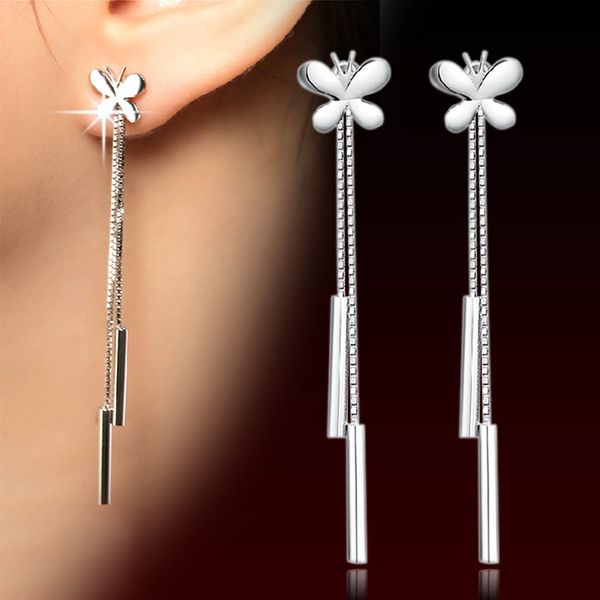 

100% 925 sterling silver fashion butterfly ladies tassels stud earrings jewelry women anti allergy christmas gift drop shipping, Golden;silver