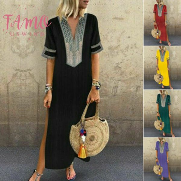 

women short sleeve v neck boho maxi dress ladies holiday beach split dress 2019 fashion classical sundress plus size s 5xl, Black;gray