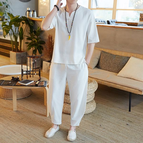 

thin summer linen set cotton men t-shirt slim short-sleeved solid color casual large size pants -5xl, Gray