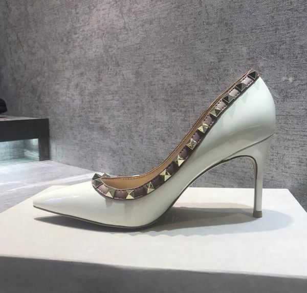 

fashion woman women lady 2019 white nude patent rivets spikes heels shoes pumps poined toes stiletto heels shoes sandals, Black