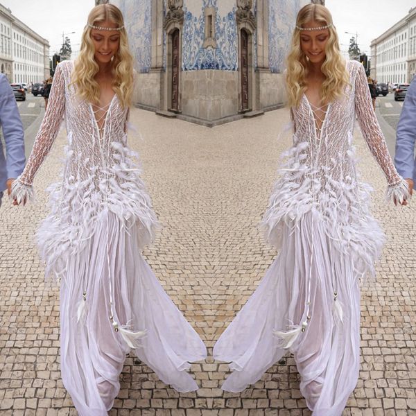 

charchy 2020 bohemian wedding dresses feather long sleeve v neck lace bridal gowns vestidos de novia custom made wedding dress, White