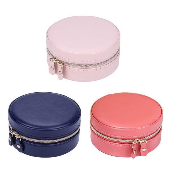

portable round jewelry box faux leather jewellery earrings display organizer, Pink;blue