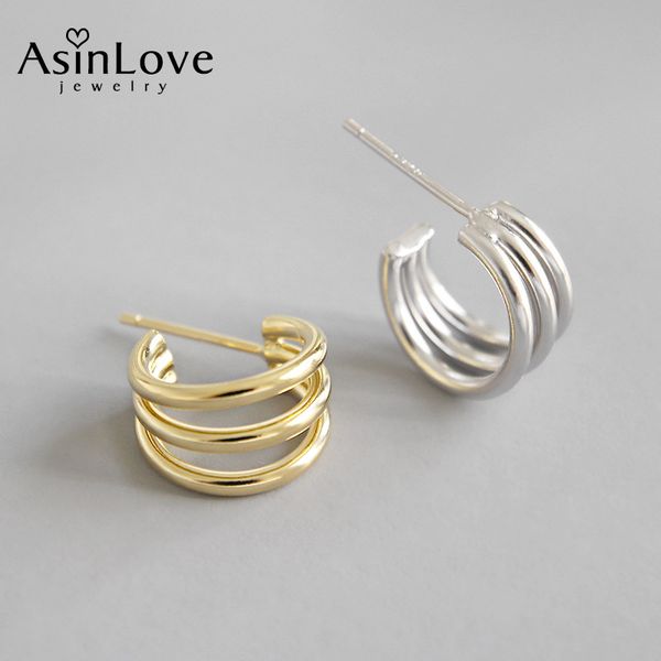 

asinlove простого ins три линии круг малых серег real 925 sterling silver полукруглых стильный chic серьга стержень для женщин, Golden;silver