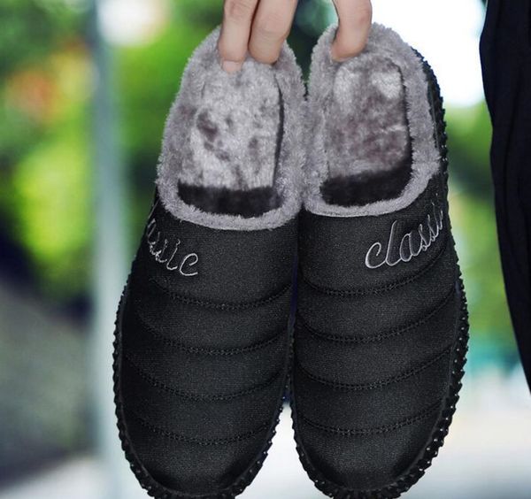 

large size 36-48 winter men womens shoes half slippers plus velvet warm scuffs thick slippers, Black