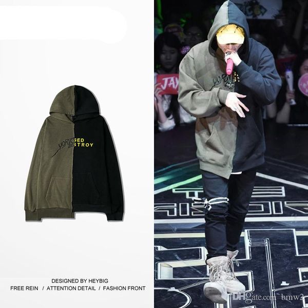 

fashion men hood joined street design sweatshirts army green and black stitching hoodies male clothing cn size