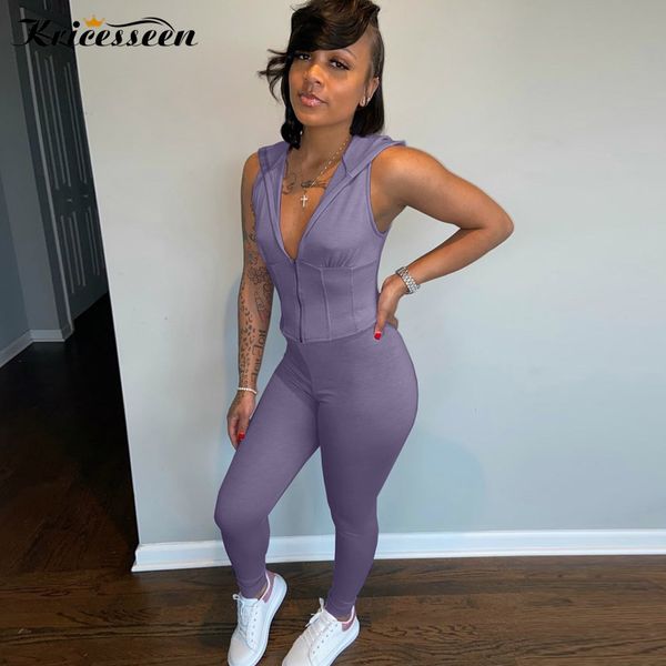 

kricesseen solid color two pieces pant set women sleeveless hooded and pant suits sportwear skinny matching set, White