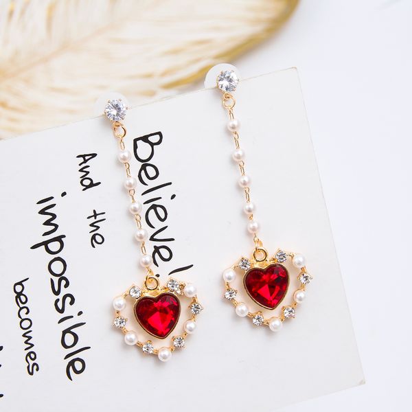 

2019 new elegant red rhinestone love heart earrings for women full charm simulated pearl long korean pendientes jewelry 6a2037, Silver
