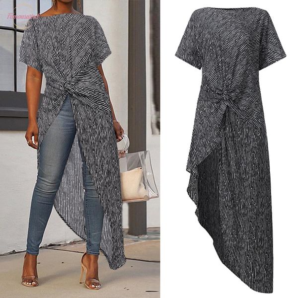 

women asymmetrical blouse split hem striped party long ladies office shirts 2020 summer tunic plus size blusas, White