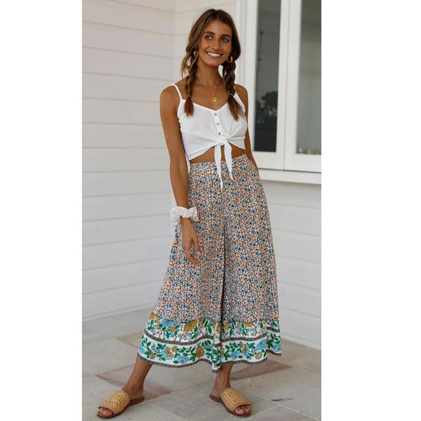 

summer floral beach wide leg pants trousers cover up women boho bohemian elastic high waist harem pants pantalones beachwear, Blue;gray