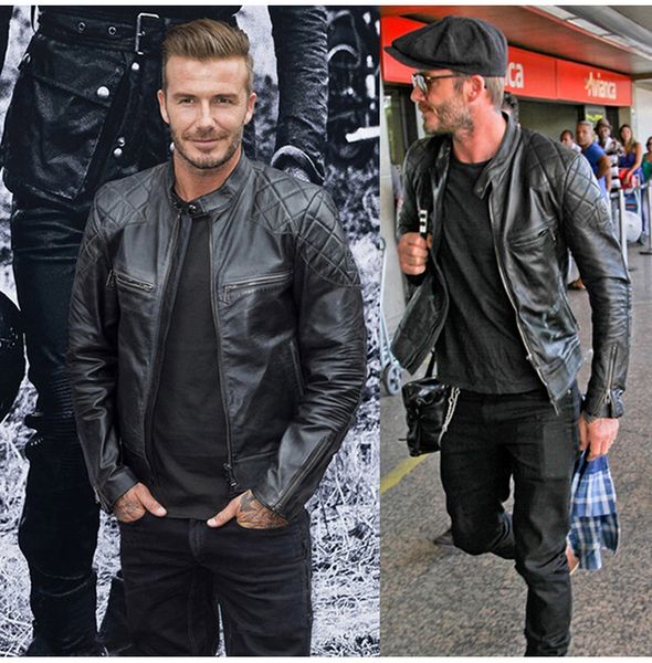 

горячие продажи в том же стиле бекхэма молодой человек тонкий кожаный пиджак harley мотоциклов короткие одежды подлинной натуральной кожи, Black