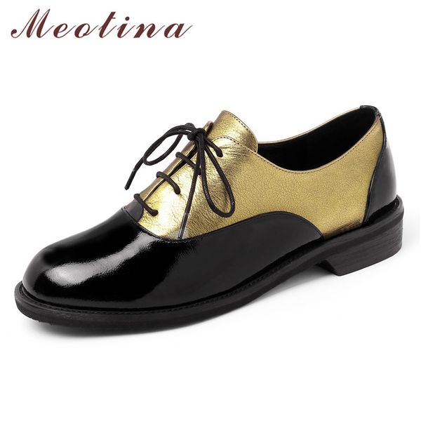 

meotina cow leather flats women shoes natural genuine leather flat derby shoes mixed colors lace up round toe ladies 34-39, Black