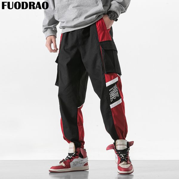 

fuodrao hip hop streetwear color patchwork pockets cargo pants men harajuku men jogger ankle-length harem pants bottoms k171, Black