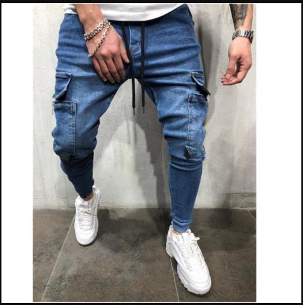 

street style mens designer jeans pencil pants drawstring solid color jeans mens fashion streetwear casual apparel, Blue