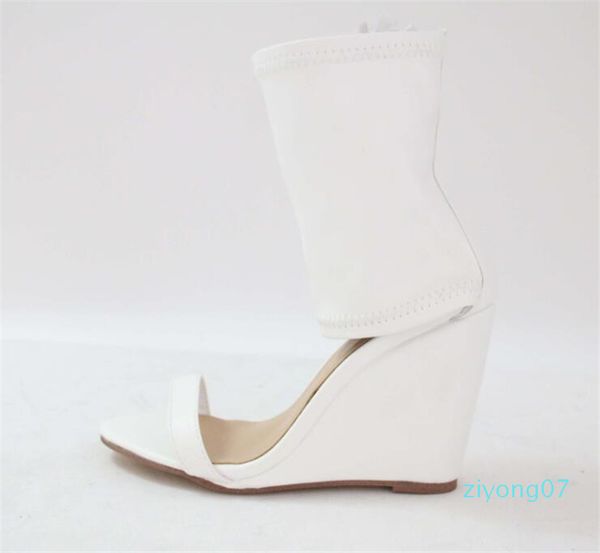 

women new fashion white leather open toe wedge sandals ankle wrap super high heel wedge sandals real pictures z07, Black