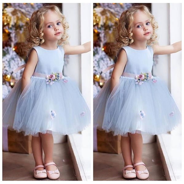 

2020 jewel hand made flowers adorned short flower girls dresses kids formal party gowns soft tulle customized formal wear, White;blue