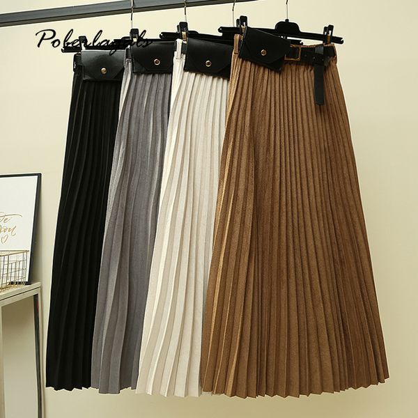

women fashion retro suede pleated skirts skirt 2019 female autumn winter high waist skirt with pockets midi skirts womens, Black