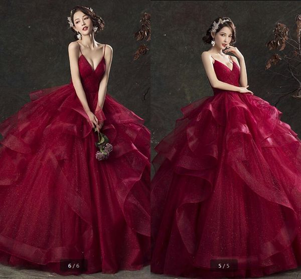 

2019 new arrival burgundy tulle ball gown prom dress spaghetti straps deep v neck pleated fashion quinceanera prom gowns, White;black
