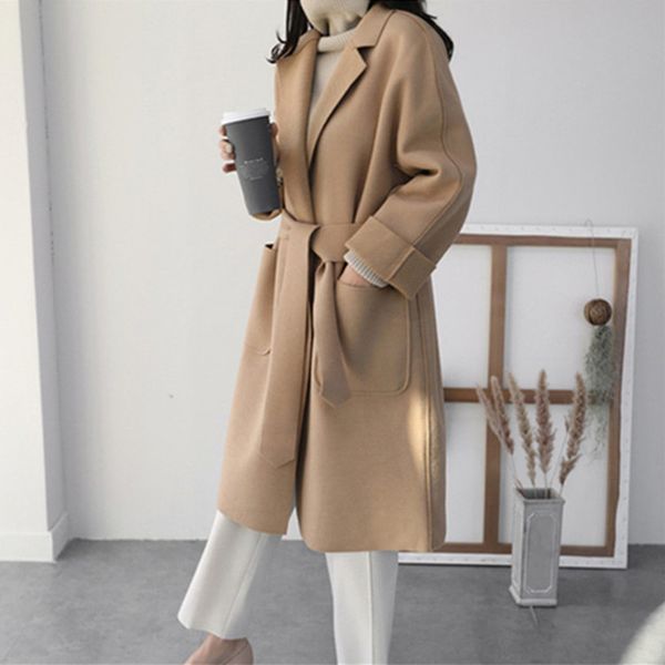 

wool blend winter coat women long sleeve elegant lapel belted long woolen outwear coats 2019 autumn streetwear casual overcoat, Black