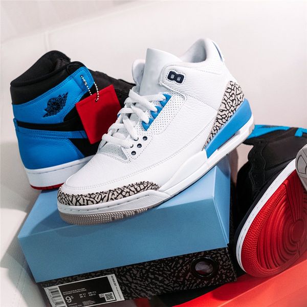 

2020 new authentic air 3 unc retro basketball shoes for men white valor blue tech grey white cement sneakers sports ct8532-104 with box, White;red