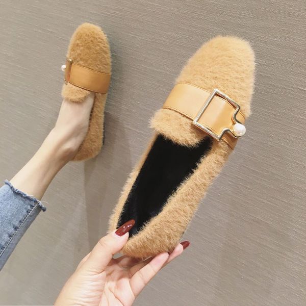

shoes women black flats 2019 fashion women's loafers fur autumn round toe buckle strap casual female sneakers ladies