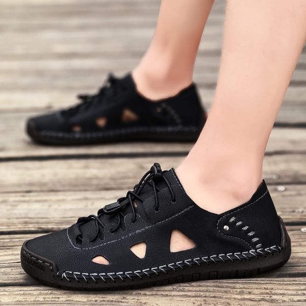 

men's shoes new spring summer outdoor leather casual shoes breathable handmade flats moccasins loafers men size 39-48, Black
