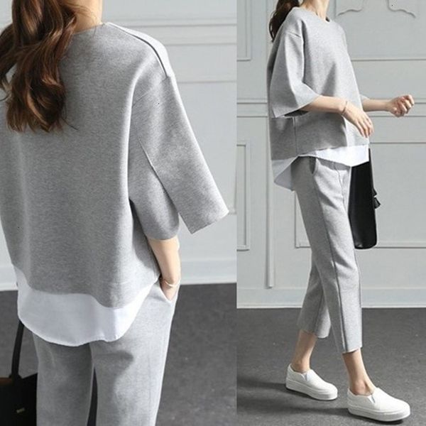

autumn 2019 casual low o neck fake two pieces 3 4 length pants two piece sets loose splits sleeve cotton suits, White