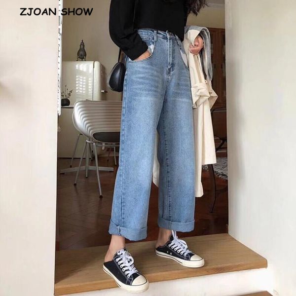 

2019 new vintage high waist loose straight jeans women blue denim pants contrast color stitching pockets denim trousers