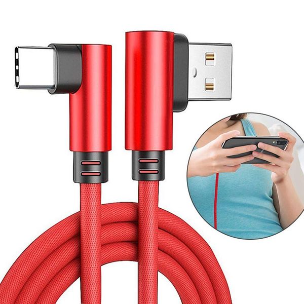 

90 Degree Double Elbow Cellphone Cable Fast Charger Sync Data Cable Cloth Micro USB Type C Cble Charging Cables For Android Samsung Huawei