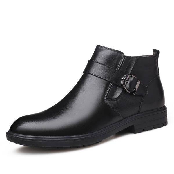 

men autumn genuine leather boots with fur winter men fashion ankle boots business casual man snow boots work shoes, Black