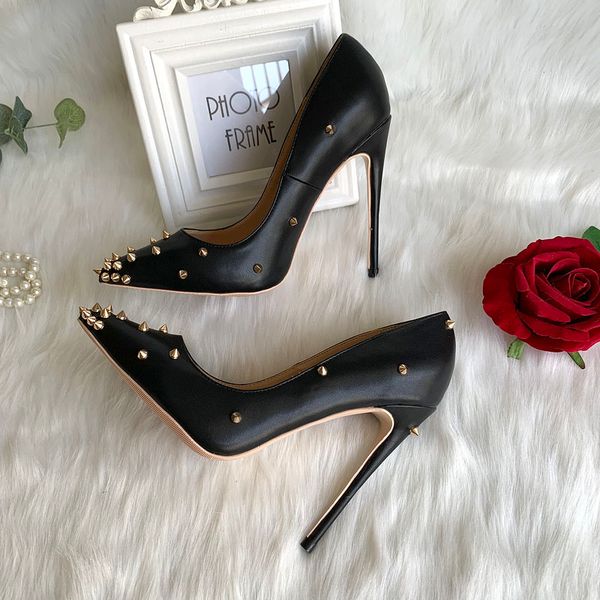 

vintage casual designer fashion women stiletto black matt leather gold spikes point toe high heels pumps shoes brand new