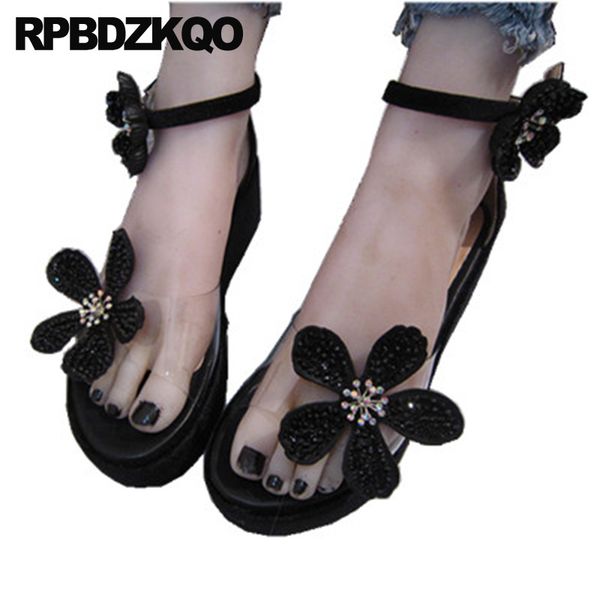 

wedge ankle strap flower black clear jewel sandals nice platform pumps plus size shoes women 2019 rhinestone