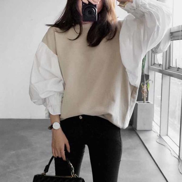 

autumn fashion new round neck lantern sleeve women's split joint short sweatshirt japan and south korea, Black