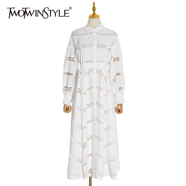 

twotwinstyle beach style dresses women lapel lantern wrist sleeve hollow out patchwork lace dress female 2020 spring fashion new, Black;gray