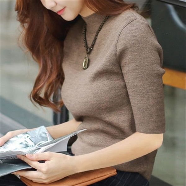 

medium sleeve slim sweater knit base shirt female t-shirt 2019 autumn sweater all-match half sleeve half-high collar, White