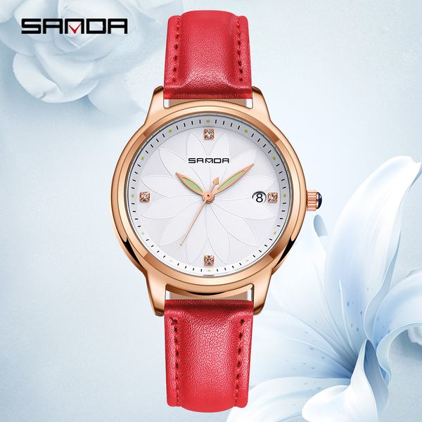 

sanda fashion flower dial women quartz watches casual waterproof leather ladies wristwatch luxury bracelet watch clock relojes, Slivery;brown