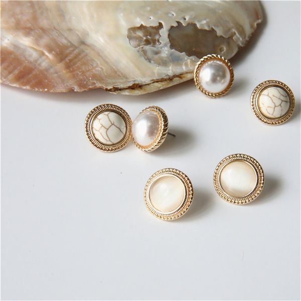 

2019 new vintage round marble opal stone big stud earrings korean earrings for women fashion temperament simulated pearl brinco, Golden;silver