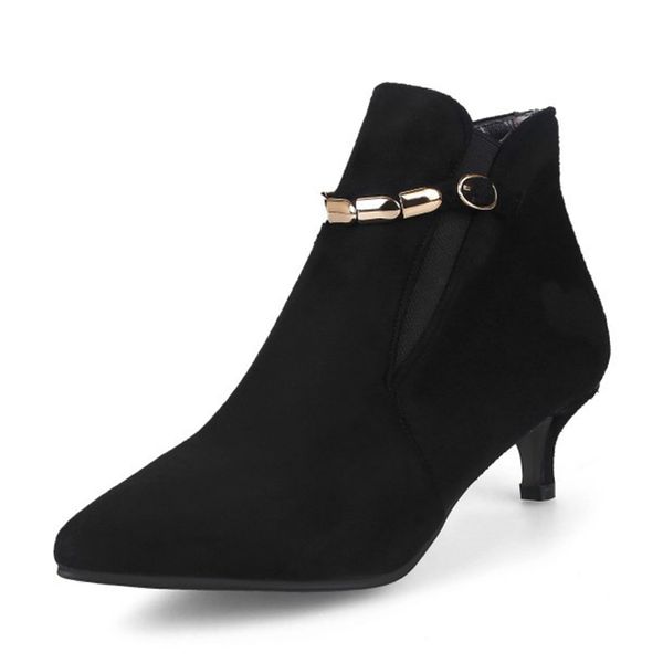 

women ankle boots ladies thin heels female buckle strap flock metal decroation winter classic dress shoes plus size, Black