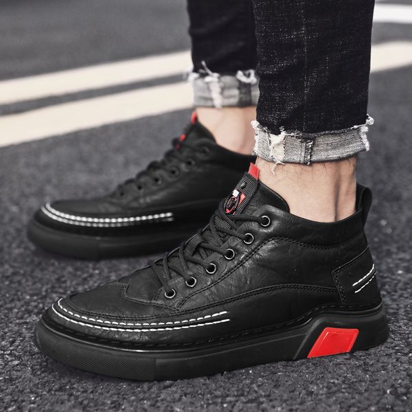 

fashion men leather shoes lace up casual shoes outdoor breathable trend loafers flats comfortable handmade sewing s5, Black