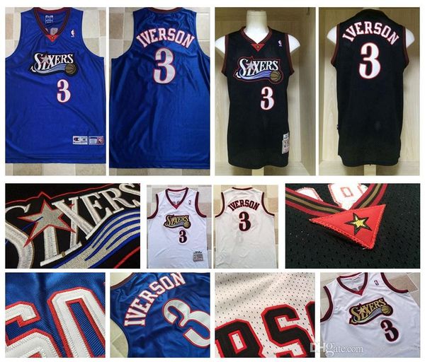 

mitchell&ness philadelphia 76ers men basketball jersey #3 allen iverson mesh dense au fabric embroider y 100% stitched nba jerse, Black