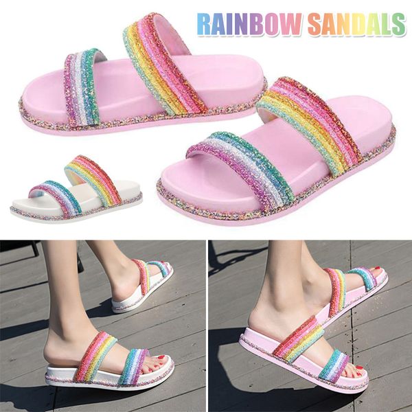 

womens open toe rainbow slides sandals glitter slip on cute beach flats slippers hh88, Black