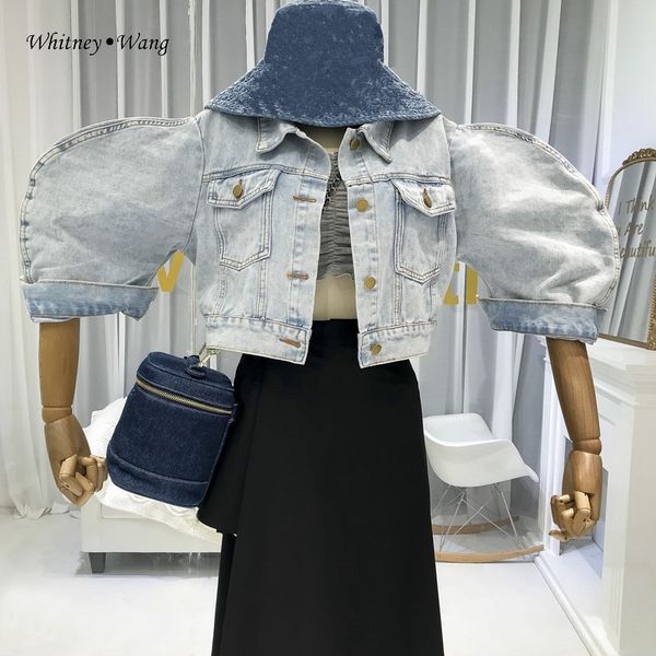 

whitney wang 2019 autumn fashion streetwear vintage style puff sleeve short denim jacket women stylish jean coat, Black;brown