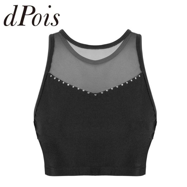 

summer womens tanks sleeveless round neck mesh spliced back cutout shiny rhinestones crop vests for gym dance running, Black;blue