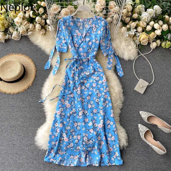 

neploe vintage цветочный принт v образным вырезом платье женщины зашнуровать тонкая талия с коротким рукавом платья лето 2020 элегантные дам, Black;gray